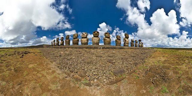 This is Ahu Tongariki, the largest Ahu on Rapa Nui. Its Moai were toppled during the island's civil wars and in the twentieth century the Ahu was swept inland by a tidal wave. It has since been restored and has 15 Moai including an 86 tonne moai that was the heaviest ever erected on the island.