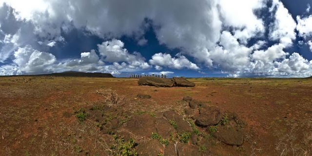 This is Ahu Tongariki, the largest Ahu on Rapa Nui. Its Moai were toppled during the island's civil wars and in the twentieth century the Ahu was swept inland by a tidal wave. It has since been restored and has 15 Moai including an 86 tonne moai that was the heaviest ever erected on the island.