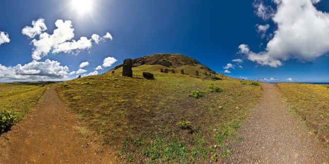 Rano Raraku is a volcanic crater formed of consolidated volcanic ash, or tuff, and located on the lower slopes of Terevaka in the Rapa Nui National Park on Easter Island. It was a quarry for about 500 years until the early eighteenth century, and supplied the stone from which about 95% of the island's known monolithic sculpture (Moai) were carved. Rano Raraku is a visual record of Moai design vocabulary and technological innovation, where 397 Moai remain. Rano Raraku is in the world heritage site of Rapa Nui National Park and gives its name to one of the seven sections of the park. Wikipedia