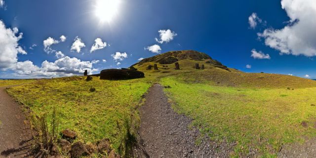 Rano Raraku is a volcanic crater formed of consolidated volcanic ash, or tuff, and located on the lower slopes of Terevaka in the Rapa Nui National Park on Easter Island. It was a quarry for about 500 years until the early eighteenth century, and supplied the stone from which about 95% of the island's known monolithic sculpture (Moai) were carved. Rano Raraku is a visual record of Moai design vocabulary and technological innovation, where 397 Moai remain. Rano Raraku is in the world heritage site of Rapa Nui National Park and gives its name to one of the seven sections of the park. Wikipedia