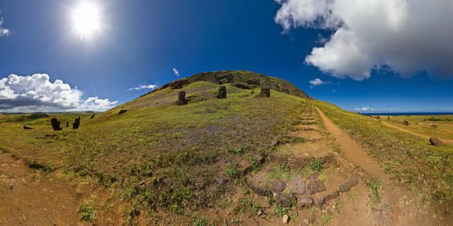 Rano Raraku is a volcanic crater formed of consolidated volcanic ash, or tuff, and located on the lower slopes of Terevaka in the Rapa Nui National Park on Easter Island. It was a quarry for about 500 years until the early eighteenth century, and supplied the stone from which about 95% of the island's known monolithic sculpture (Moai) were carved. Rano Raraku is a visual record of Moai design vocabulary and technological innovation, where 397 Moai remain. Rano Raraku is in the world heritage site of Rapa Nui National Park and gives its name to one of the seven sections of the park. Wikipedia