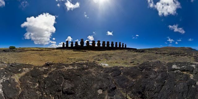 Ahu Tongariki is the largest Ahu on Rapa Nui/Easter Island. Its Moai were toppled during the island's civil wars and in the twentieth century the Ahu was swept inland by a tidal wave. It has since been restored and has 15 Moai including an 86 tonne moai that was the heaviest ever erected on the island. Ahu Tongariki is close to Rano Raraku and Poike in the Rapa Nui National Park. Wikipedia