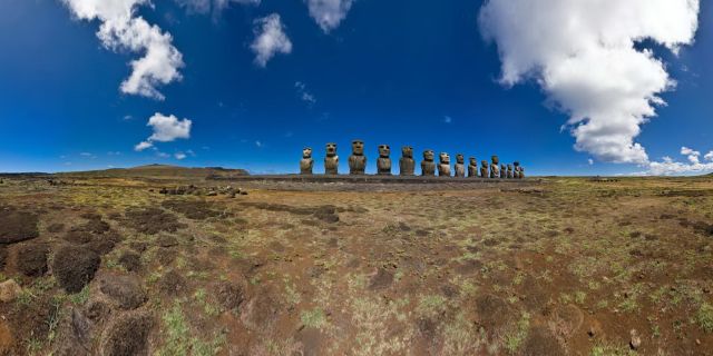 Ahu Tongariki is the largest Ahu on Rapa Nui/Easter Island. Its Moai were toppled during the island's civil wars and in the twentieth century the Ahu was swept inland by a tidal wave. It has since been restored and has 15 Moai including an 86 tonne moai that was the heaviest ever erected on the island. Ahu Tongariki is close to Rano Raraku and Poike in the Rapa Nui National Park. Wikipedia